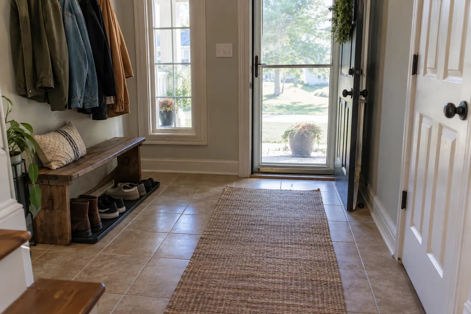 A freshly mopped front entry with a runner rug and shoes lined up on a tray
