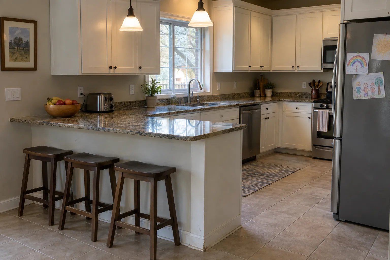 A family kitchen with wiped granite counters and bar stools pushed in
