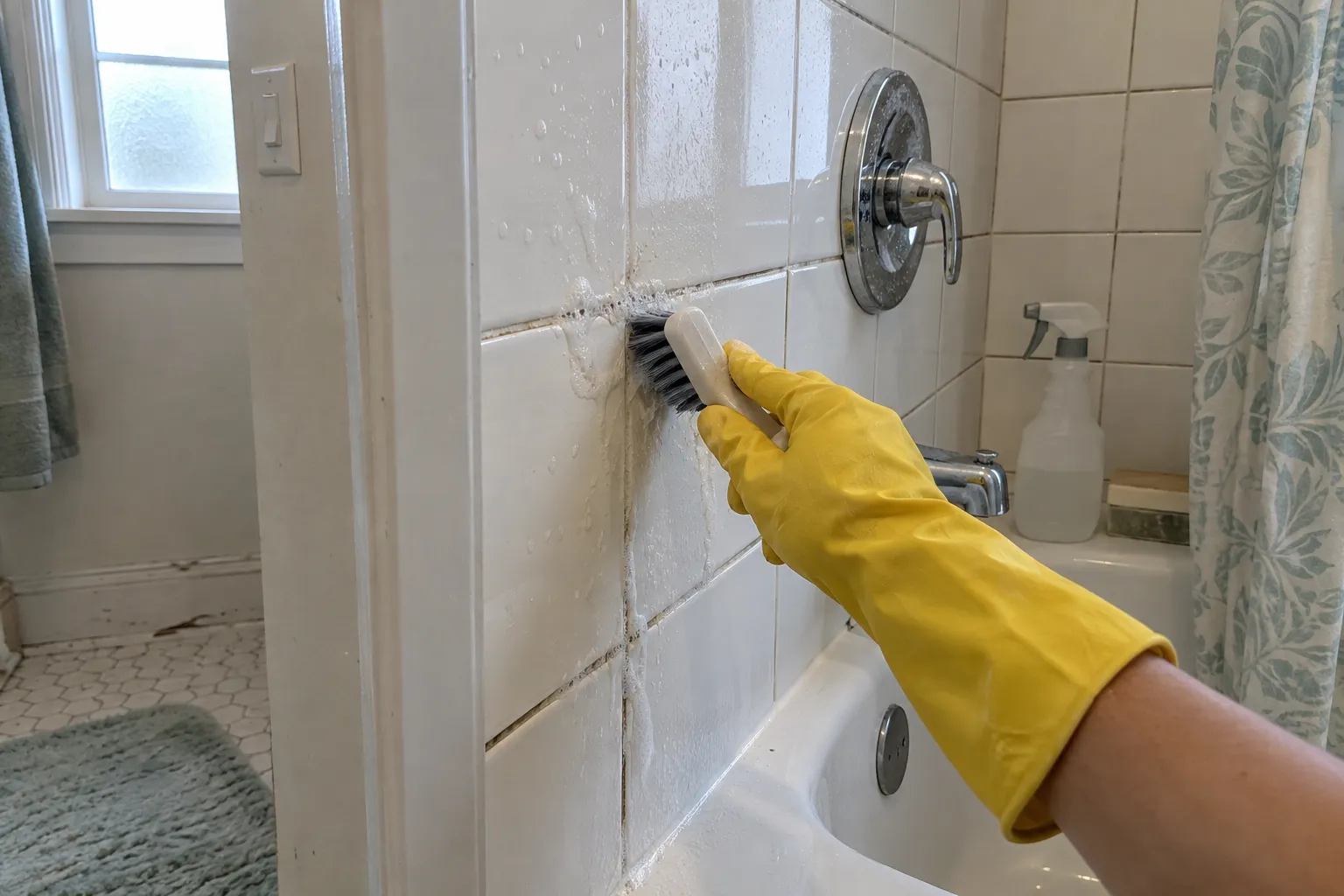 A gloved hand scrubbing shower tile grout with a small brush