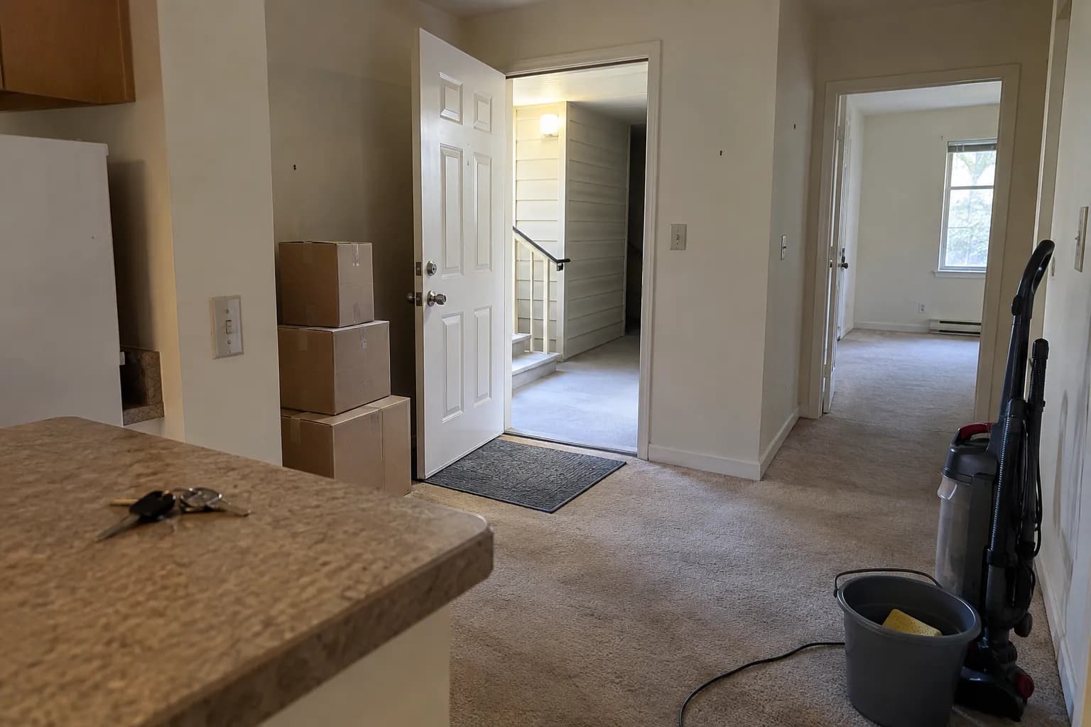 Moving boxes stacked by the open door of an emptied apartment, with keys on the counter and a vacuum ready